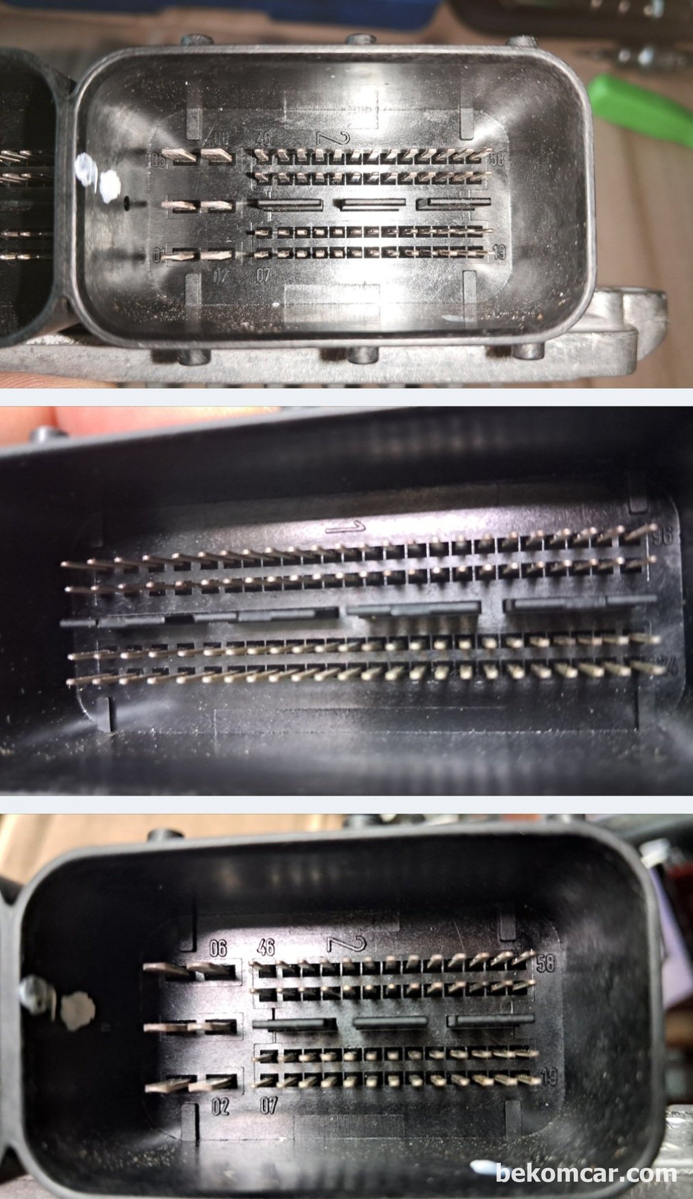 벤츠 S 클래스 2007년 M273 S550 ME9.7 ECU 간헐적 시동불량 증상 진단 및 정비기록이다. ECM 의 코넥터 1 & 2의 핀 번호이다.|بيكومكار  (bekomcar)