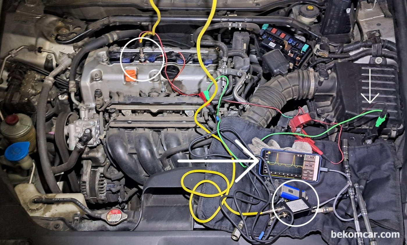 2011년 혼다 어코드 8세대 2.4L 실린더압축압력센서 측정환경이다. HS512Max 12Bit ADC 지원 스코프와 PS16 실린더압축압력센서 를 이용했다. HScope 프로그램은 안드로이드폰 에 설치하여 사용했다.|ベコムカー (bekomcar)