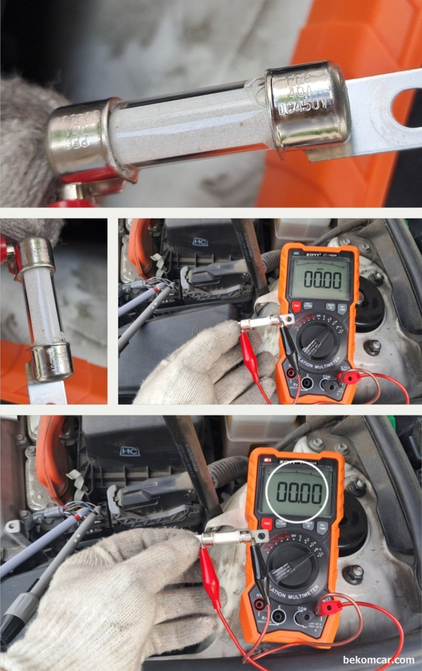 토요타 캠리 하이브리드 2016년 B1498 DTC 점검과정, 원인중 하나가 될수 있는 #4 Engine Wire 점검과정. 450V 40A Sand Fuse를 완전 탈거해서 재확인 측정한다. 1.00옴 이하로 정상이다.|베콤카, 차량정밀진단