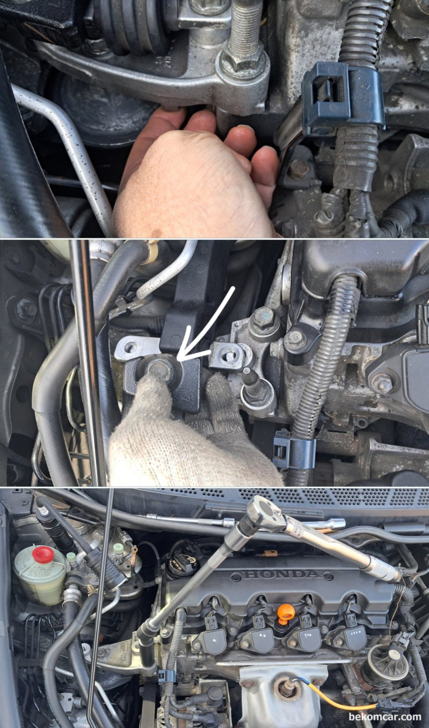 혼다 시빅 8세대 1.8L R18A1 엔진마운트 교환기록이다. 새 엔진마운트는 브라켓과 마운트 사이에 손가락이 들어갈 정도 공간이 있다.|베콤카 차량정밀진단