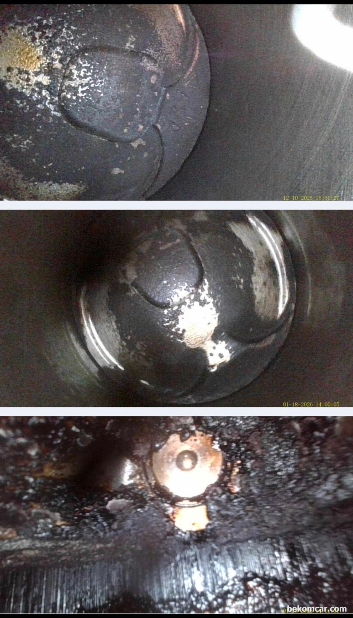 일반적인 직분사 엔진의 피스톤, 실린더 및 밸브 그리고 인젝터 분사노즐 부분의 카본상태이다. GDI직분사 엔진은 구조상 카본이 쌓일수밖에 없다. 너무 깨끗한것 역시 주의해야 한다.|bekomcar.com