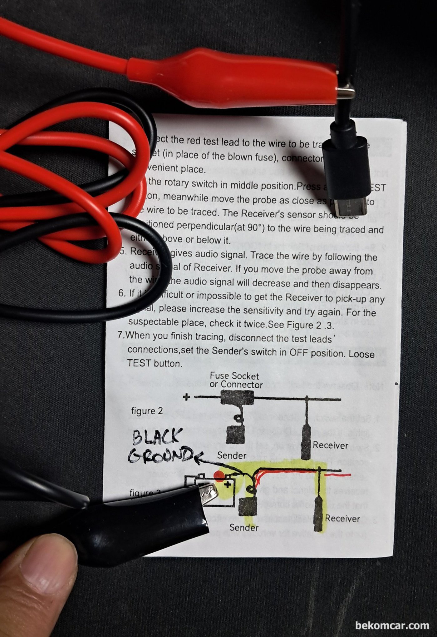 연결방법, 리시버 검정색을 배터리 플러스에 연결, 빨간색은 테스팅 할 와이어에 연결함|贝科姆汽车 (bekomcar)