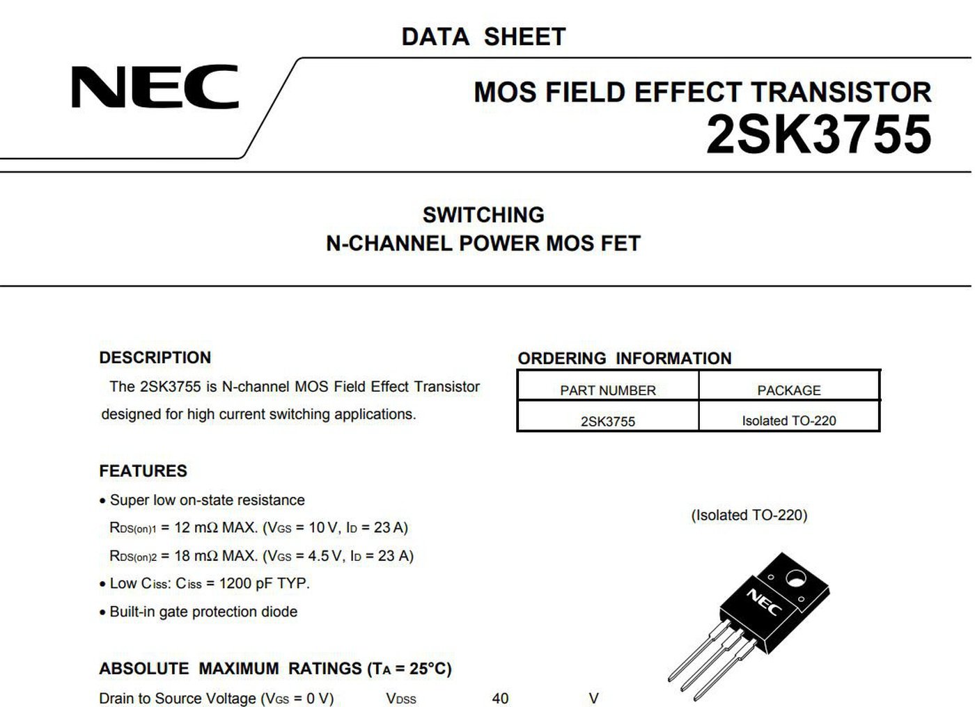NEC SDK3755 Datasheet, https://www.alldatasheet.com/datasheet-pdf/download/113039/NEC/2SK3755.html 이다. 혼다 IMA 하이브리드 12V 배터리 충전이 안되는 경우에 참고할 자료이다.|ベコムカー (bekomcar)