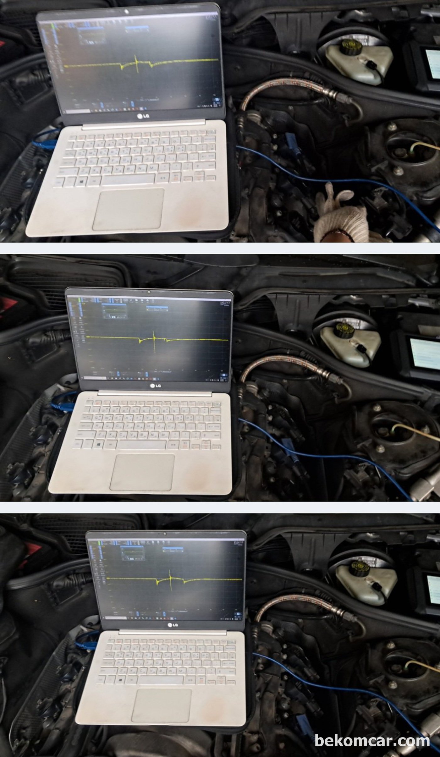 벤츠 S550 V8 2008년 차량의 점화2차 파형분석과정이다. 간헐적 시동불량 진단과정중 점화코일 점화플러그 작동을 진단하는 과정이다. 다 정상이다.|بيكومكار (bekomcar)