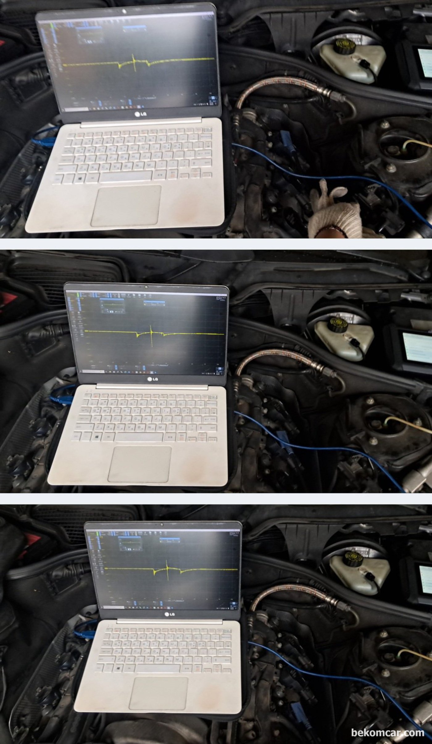 벤츠 S550 V8 2008년 차량의 점화2차 파형분석과정이다. 간헐적 시동불량 진단과정중 점화코일 점화플러그 작동을 진단하는 과정이다. 다 정상이다.|베콤카 차량정밀진단