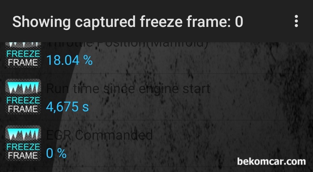 OBD2에서 Freeze frame 데이터가 무엇이고, 왜 중요한가요?, Torque pro의 실제 Freeze frame 데이터 화면이다. 이 화면처럼 각 차량별 지원되는 센서등의 값들이 구체적으로 기록이 되어 있다. 고장코드 발생당시의 차량내 상황을 구체적으로 파악이 가능하여, 정비 방향을 설정하는데 결정적 증거 역할을 한다. 위 사진은 사용하는 테마를 이상하것 사용하여 설명글이 잘 보이지 않지만 각 값들에 대한 설명도 함께 제공된다.|베콤카 중고차구매진단