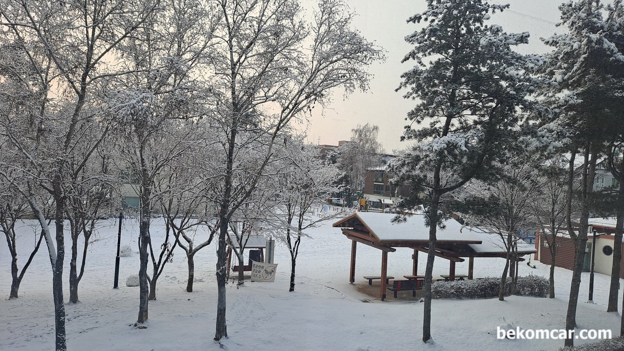 일산에 2022년 첫 눈이 소복히 내렸어요, 집앞에 있는 공원이다.조그마한 공원인데 벌써 동내 애들이 눈사람도 만들었다.|ベコムカー (bekomcar)