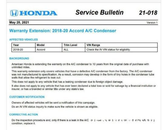 혼다 어코드 2021년 8월 출시된 1.5T 터보 직분사 엔진입니다. A/C 콘덴서 누수가 맞나요?, 미국시장, 혼다 어코드 전체트림 2018, 2019, 2020 에어콘 콘덴서 누수 10년 무제한 키로수 워런티 연장 TSB.  전체자료 다운로드 링크
https://static.nhtsa.gov/odi/tsbs/2021/MC-10194961-0001.pdf
자료제공 Honda America|베콤카 중고차구매진단