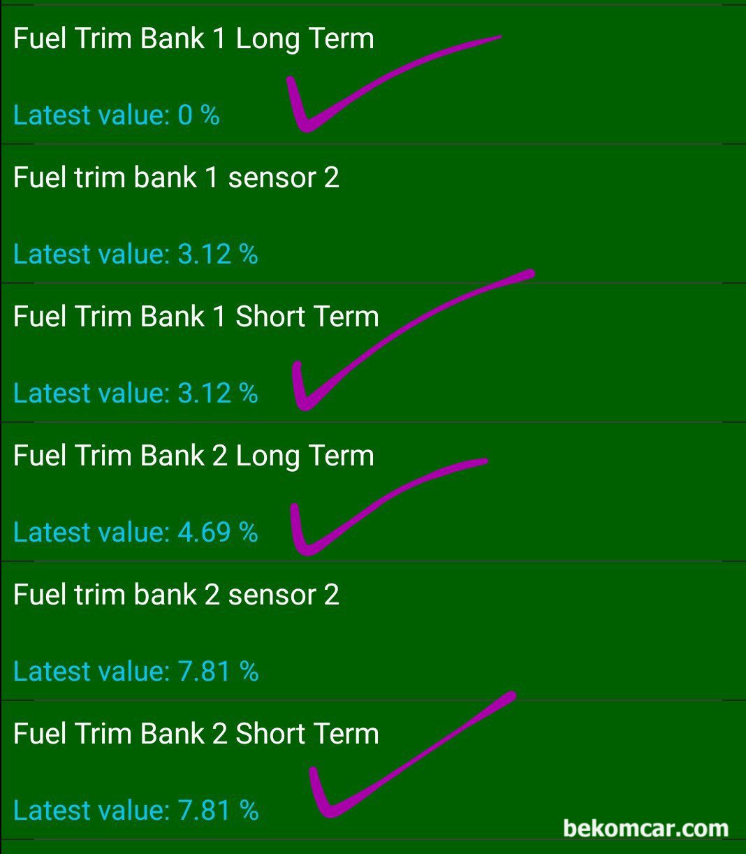 연료보정값이 뭔가요?, 연료보정값 (Fuel Trim) ㅡ 단기 및 장기 그리고 두개를 더한 Total이 있다. 특히 장기연료보정값 인 LTFT 를 엔진 진단에 활용한다.|베콤카 중고차구매진단