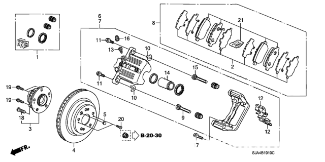 혼다 레전드 뒤 브레이크 교환후 소음이 발생하는데 이유가 뭘까요?, Acura RL (혼다 레전드) 2005-2012년 뒤 브레이크패드 도면.  스크류가 아닌, 일반 피스톤이다.  자료제공: 혼다자동차|베콤카 중고차구매진단