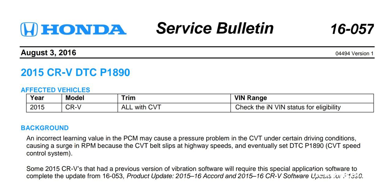 2015년 혼다 CR-V 인데 고속주행중 RPM이 치솟다가 떨어지면서 충격이 있고 고장코드 P1890이 발생하네요. 이유가 뭐일까요?, 혼다 TSB 16-057. https://static.nhtsa.gov/odi/tsbs/2016/SB-10084782-2280.pdf|베콤카 중고차구매진단