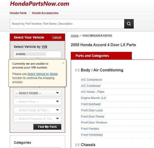 hondapartsnow.com 에서 차대번호로 조회하면 'Currently we are unable to process your VIN number' 라고 뜨는데 왜 그럴까요?, https://www.hondapartsnow.com/ Hondapartsnow 에서 한국시장에 출시된 차량의 차대번호를 조회하는경우 차대번호 처리 불가 라고 메시지가 표시된다.|贝科姆汽车 (bekomcar)