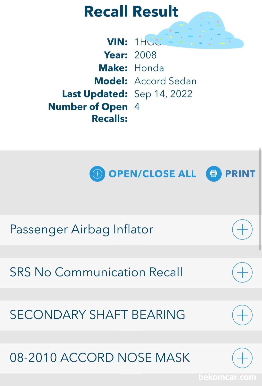 북미직수 혼다차량은 리콜여부 확인별도필요, https://owners.honda.com/service-maintenance/recalls  북미직수 혼다차량은 리콜여부 확인결과 그 유명한 다카타 에어백을 포함한 총 4개의 리콜이 남아있다. 베콤카 건강검진중 체크되었다.|bekomcar.com