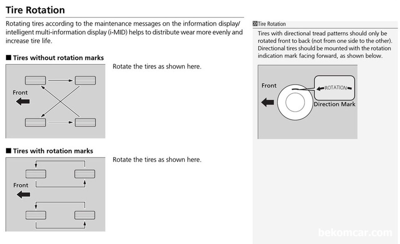 타이어 위치교환 순서는 어떻게 되나요?, 혼다 CRV 사용자 메뉴얼이다. 그리고 특별한 상황이 아니라면, 이러한 원칙은 대부분 다른 차량에도 해당된다.  Courtesy of Honda Motor Co., Ltd.|贝科姆汽车 (bekomcar)
