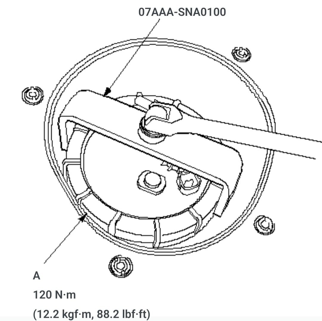 혼다 어코드 연료필터 교환하는중 락킹링 토크값은 얼마인가요?, 혼다 어코드 연료필터 교환시 락킹링 토크는 120Nm로 조여준다. 꼭 마킹을해서 방향이나 위치를 확신하도록 한다. Drawing: Courtesy of Honda Motor|贝科姆汽车 (bekomcar)