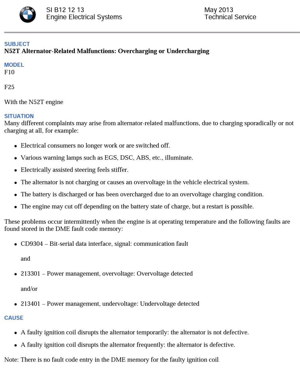 고장차량진단시 연도 및 차대번호가 중요한 이유, DME 고장관련 BMW 의 기술문서이다. 구체적이지는 않지만 큰 정비방향을 제시해주고 있다. SI B12 12 13 Engine Electrical Systems TSB의 일부이다.  Courtesy of BMW|bekomcar.com