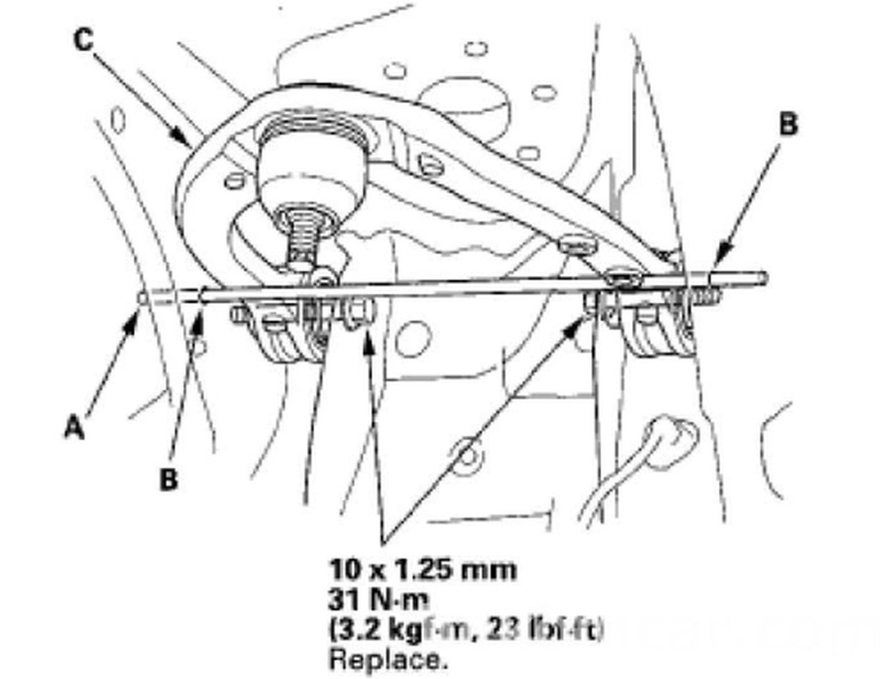 혼다 레전드 어퍼암 공차 체결하는 좋은 방법이 있나요?, 혼다 J35 J37엔진을 탑재한 레전드 어퍼암 공차체결하는 방법이다. 0.6mm외경 x 300mm정도 쇠 막대(A)를 B 포지션잡기 구멍으로 넣어준다. 그리고 어퍼암(C)이 로드에 기대게 한다. 그 상태에서 볼트(10x1.25mm) 2개를 31Nm로 조여준다. Courtesy: Honda Motor.|贝科姆汽车 (bekomcar)