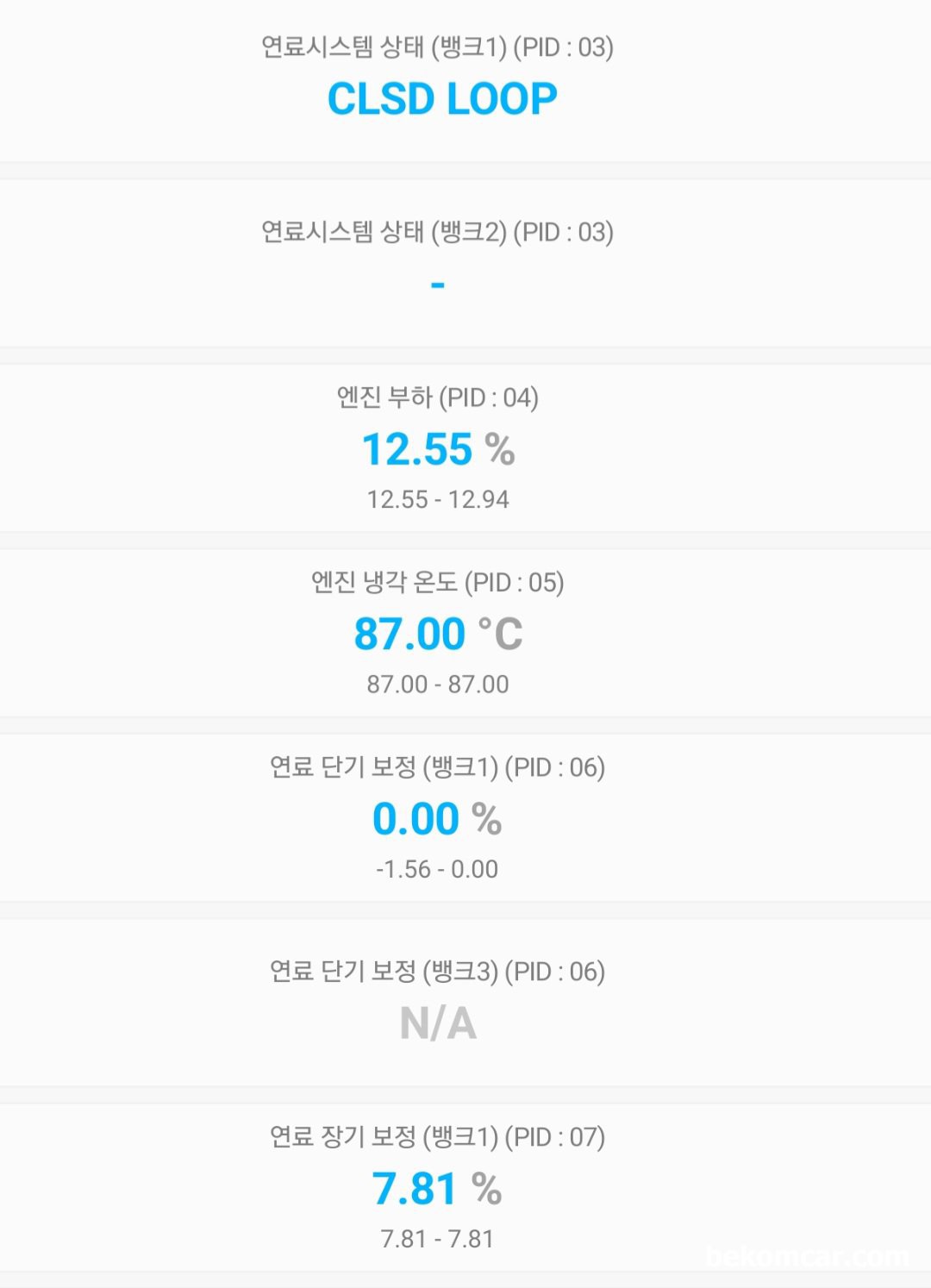 정상으로 돌아온 벤츠 W211 E200K 왕눈이 람다값, 베콤카 진단 정비사례, 벤츠 W211 E200K 왕눈이 아이들시 단기 및 장기연보정값 등 측정값이다. 장기연료보정값 (LTFT)이 좀 더 개선되면 더 좋겄지만 일단 잘 해결이 된것 같다. 단기연료보정값 (STFT)는 0.0%정도인데 이건 좀더 다양한 환경에서 측정해야지만 일간 만족스럽다. LTFT는 +-10%이내 STFT는 +-5%이내 이면 정상범위이다. 하지만 LTFT이 +-5.00%정도이내이면 더 좋겠다.|贝科姆汽车 (bekomcar)