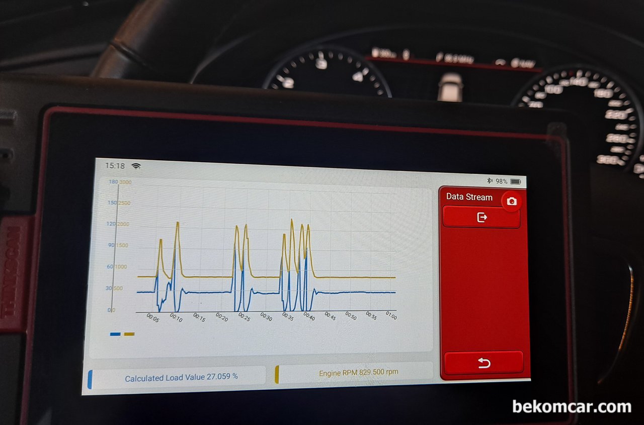 아우디 A6 2017년 2.0 TDI 출력이상, 베콤카 진단사례, 베콤카 진단차량은 아우디 A6 35 TDI 2017년차량으로 풀 시스템 진단후에, 상세 진단을 한다. 그중에 출력이상을 파악하기위하여 가장 기본적인 A6 차량의 상태를 파악한다. 바로 공기와 연료 이슈이다. RPM이 올라가면 상대적으로 CLV (Calculated Load Value)도 같이 대부분 이니어한 파형을 보여준다. 그런데 이번경우는 정 반대로 RPM이 치솟으면 반대로 뚝 떨어진다. 공기 아니면 연료 둘 중 하나인경우가 대부분이다. 점화플러그 코일 압축압력등 기타의 가능성은 매우 낮다는 잠정적인 결론을 낼 수 있는 근거자료이다.|bekomcar.com