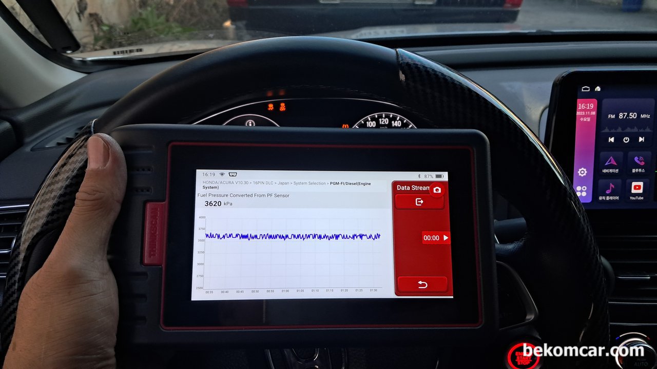 진단기 S/W업데이트, 데이터정리 & DB화 작업, 베콤카에서 어코드 10세대 연료필터 교체후, 고압펌프연력 압력 (레일압력) 을 측정해보는것이다. 레일압력이 3.6mPa 전후에서 꾸준하게 안정된 압력을 형성하고 있다. 활용방안은, 연표필터, 고압펌프등 교환후에 작업완성도 재 확인 그리고 차량진단시 고압펌프 와 저압연료펌프 (연표펌프, 레귤레이터, 필터등) 진단에도 사용이 가능하다. 저압연료펌프와 고압연료펌프는 부부관계과 같은이치이다.|贝科姆汽车 (bekomcar)