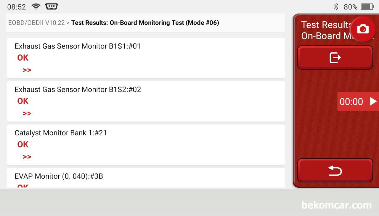 OBD2 Mode6, 촉매 및 EVAP 상태파악하기, OBD2 Mode6 자가점검 결과, 진단기 실시간 실화진단 등으로 촉매상태와 EVAP 상태를 파악할 수 있다.|贝科姆汽车 (bekomcar)