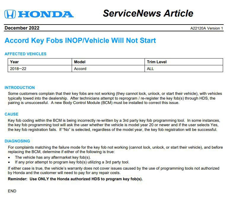 혼다 어코드10세대 이모빌키등록시 시동불능상태, 혼다 어코드 10세대 이모빌 키등록과정중에 BCM (Body Control Module) 고장으로 시동이 걸리지 않는경우가 있다.
Courtesy of https://static.nhtsa.gov/odi/tsbs/2022/MC-10228193-0001.pdf|bekomcar.com