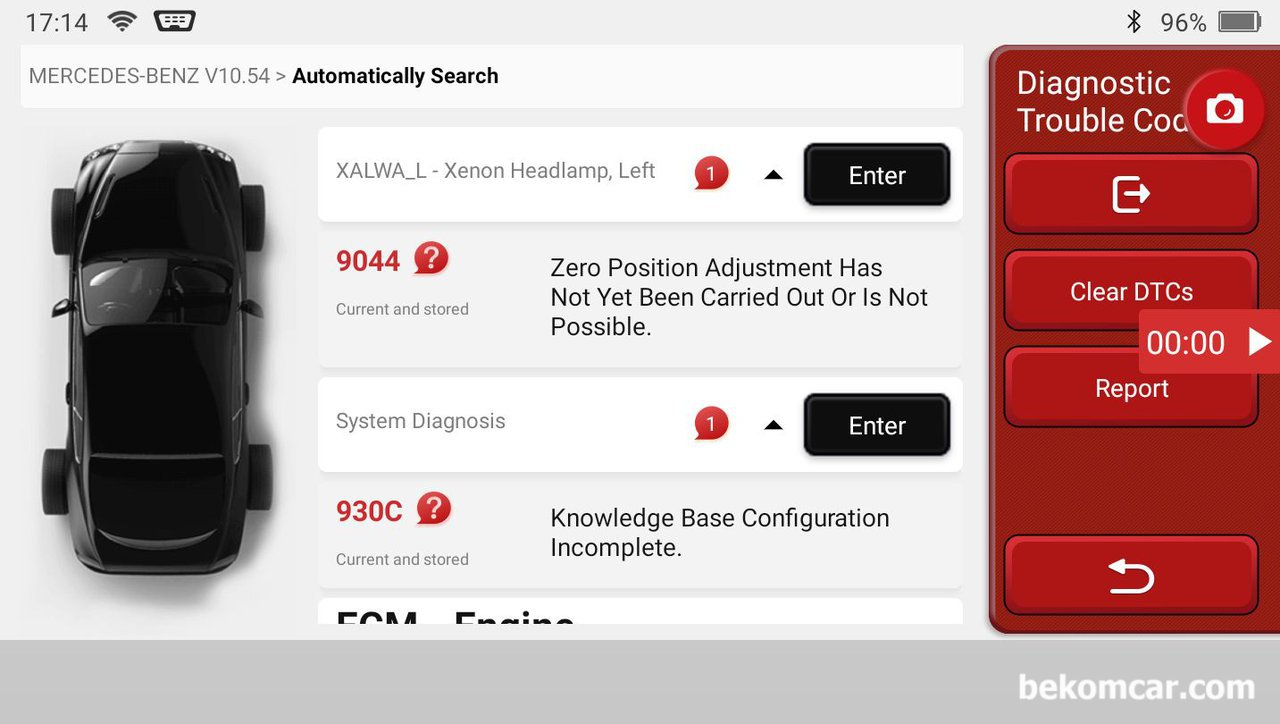 벤츠 E280 W211 진단, 9044 제논헤드램프, 베콤카 진단차량은 메르세데스 벤츠 W211 E280 M272 엔진이다. 스캐너 진단하니 '9044 Zero Position Adjustment Has Not Been Carried Out Or Is Not Possible' 이다. 바로 진단기로 리셋해주고 필요한 작업을 해 준다.|ベコムカー (bekomcar)