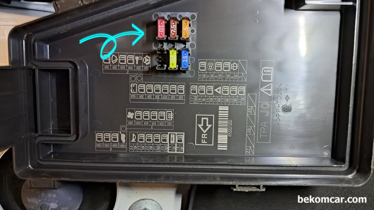 방향지시등 과 비상등 고장시, 혼다 CRV 5세대, 대부분 차량에는 여분의 휴즈바 있다. 비상시 사용하라고 준비한 휴즈이다.  혼다 CRV 5세대 휴즈박스 14번 10A 휴즈가 비상등 휴즈이다.|ベコムカー (bekomcar)