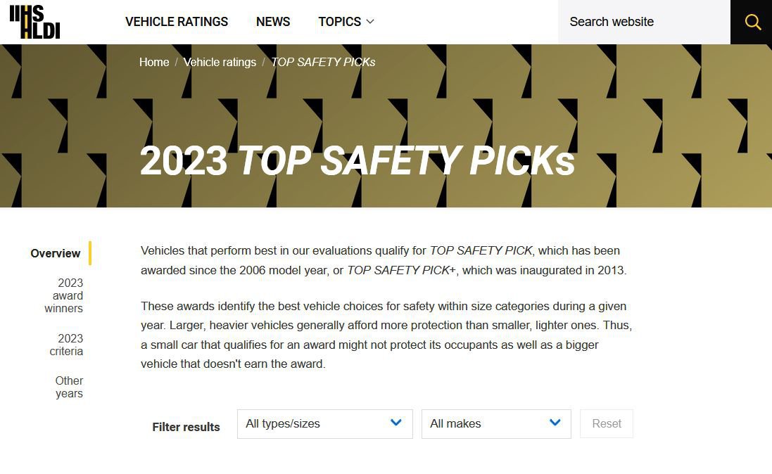 미국 IIHS 발표, 승용차 안전등급표, 2023 Top Safety Picks, iihs.org, 2023 Top Safety Picks, Source: https://www.iihs.org/ratings/top-safety-picks|ベコムカー (bekomcar)