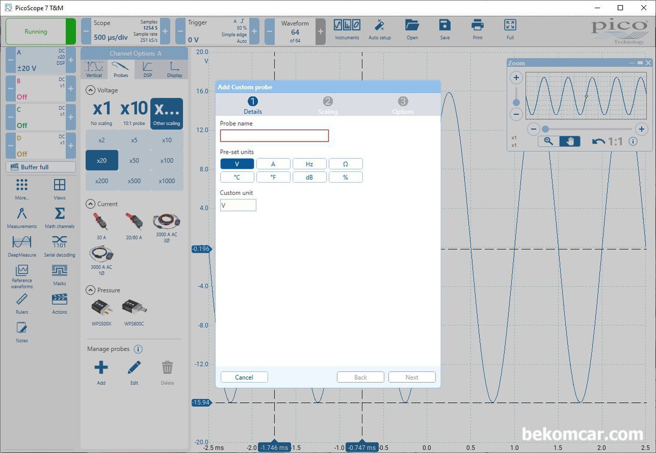 항상 중요한것은 소프트웨어 와 창의적인 Critical Thinking 능력인듯, PicoScope 7 Software 의 사용자정의가 가능한 프로프 설정화면이다. 인실린더압축 정밀분석을 위한 압력프로브등 다양한 기기를 추가하여 사용할 수 있는 기능이다. 현장에서는 정말 필요한 기능이다. 단순한 프로브뿐 아니라 트랜스듀서 도 추가할 수 있는기능이다.|ベコムカー (bekomcar)