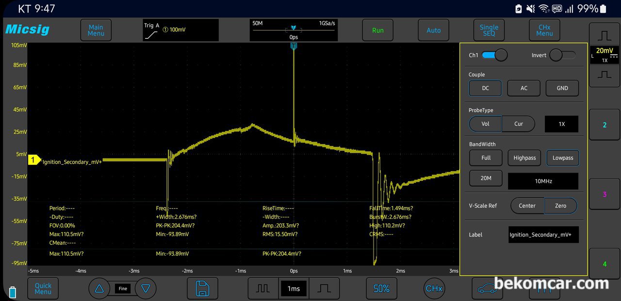 점화파형 분석사례, 혼다 시빅 8세대 1.8L 17만키로주행, 점화파형 분석차량은 혼다 시빅 2008년 8세대 1.8L 약 17만키로 주행했다.점화코일 파형은 실린더1번이다. 측정환경세팅 값이다. Micsig 자동차전용 사전세팅값중에서 선택한 mV 기준이다. 채널1에, DC, 전압, 1X, 10Mhz 세팅으로 했다. 드웰타임 파형부분의 전압이 떨어지지 않고 오히려 올라간 파형을 보이고 있으며, 써지전압이후 떨어지는 정도가 낮다. 또한 Burn Time 이 끝나는 시점의 오실레이션이 아래로 많이 떨어져있다.|ベコムカー (bekomcar)