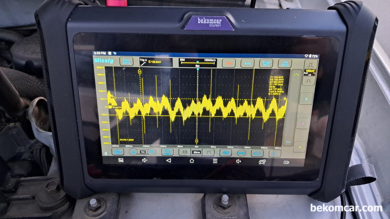 알터네이터 상태진단, 스코프 리플전압 파형분석, 오실로스코프 리플전압 (Ripple Voltage) 파형분석으로 과학적인 알터네이터 상태 진단이 가능하다. 제너레이터 리플전압 측정은 약 150~200mV정도로 허용범위내에 있다.|ベコムカー (bekomcar)