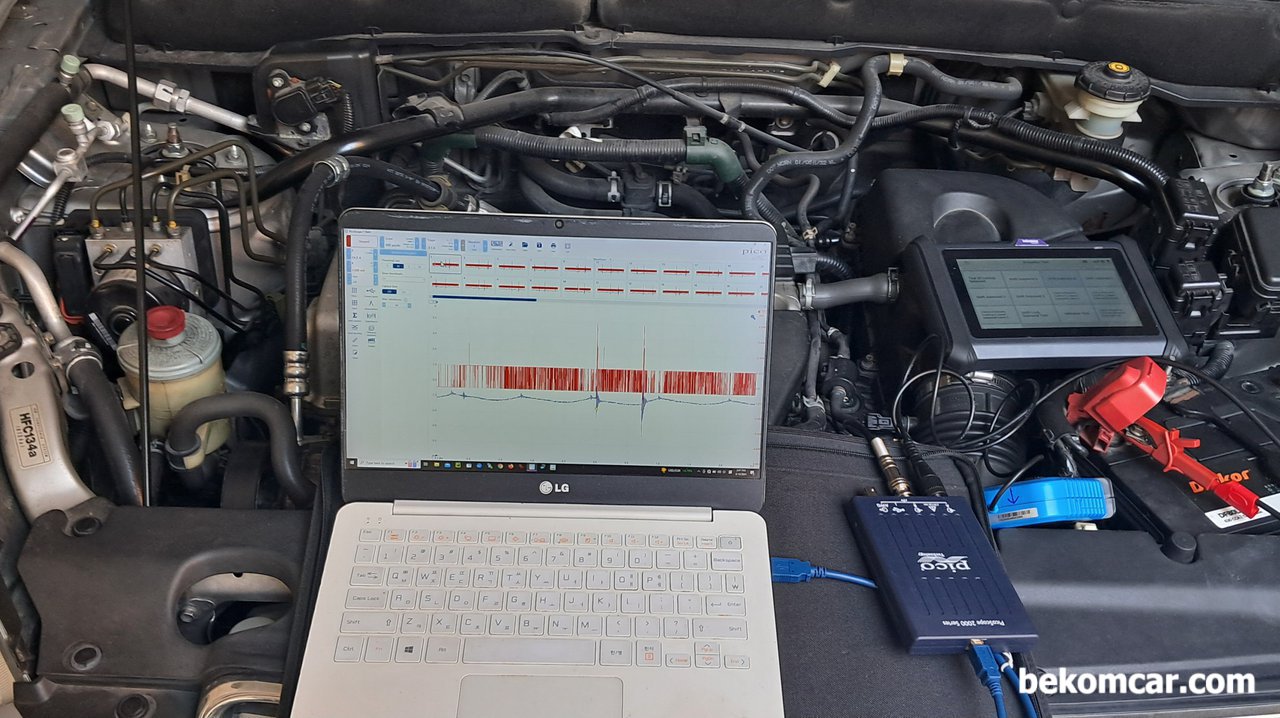 알터네이터와 배터리 수명, 상호 영향을 준다, 베콤카 진단차량은 2005년 혼다 CRV 2세대이다. 정밀진단시에는 스코프 전기신호 파형 분석을 하기도 한다. 특히 발전기의 경우 A/C Ripple Test는 필수이다. 이번에 사용한 스코프는 피코스코프 2204A로 무엇보다 소프트웨어가 매우 좋다.|bekomcar.com