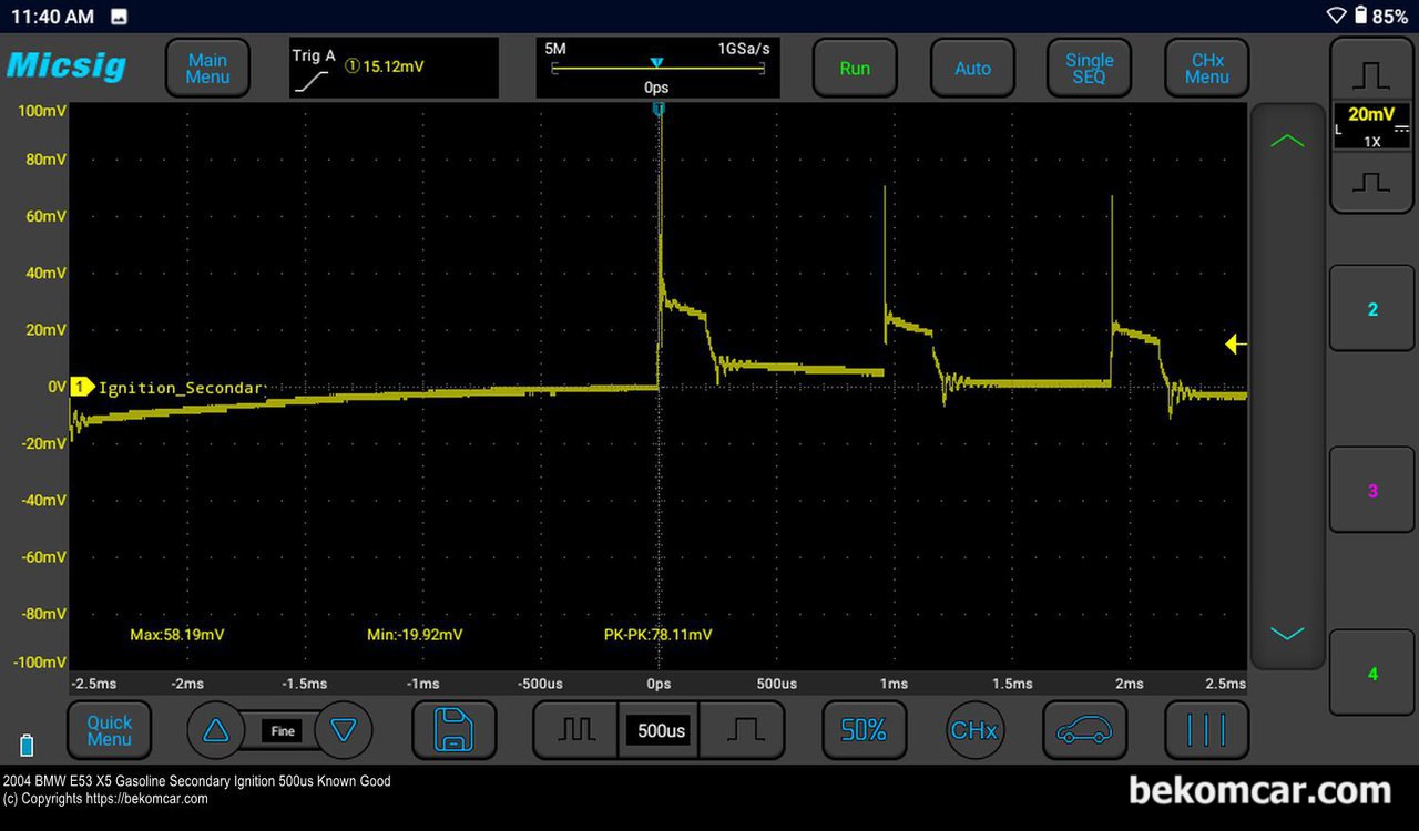 BMW X5 2004 휘발유 점화2차파형 분석, 다중점화파형, BMW X5 2004년 휘발유 차량 점화코일 및 점화플러그 다중점화 파형분석, X축 단위를 500us (0.5ms) 단위로 파형을 상세히 분석한다. 코일 점화시작(Dwell Time)에 오실레이션 그리고 점화시간 (Burn Time)후 에도 오실레이션이 4회정도 감지된다. 점화코일 점화전압 kV 와 점화플러그 상태가 좋다는 의미이다.|ベコムカー (bekomcar)