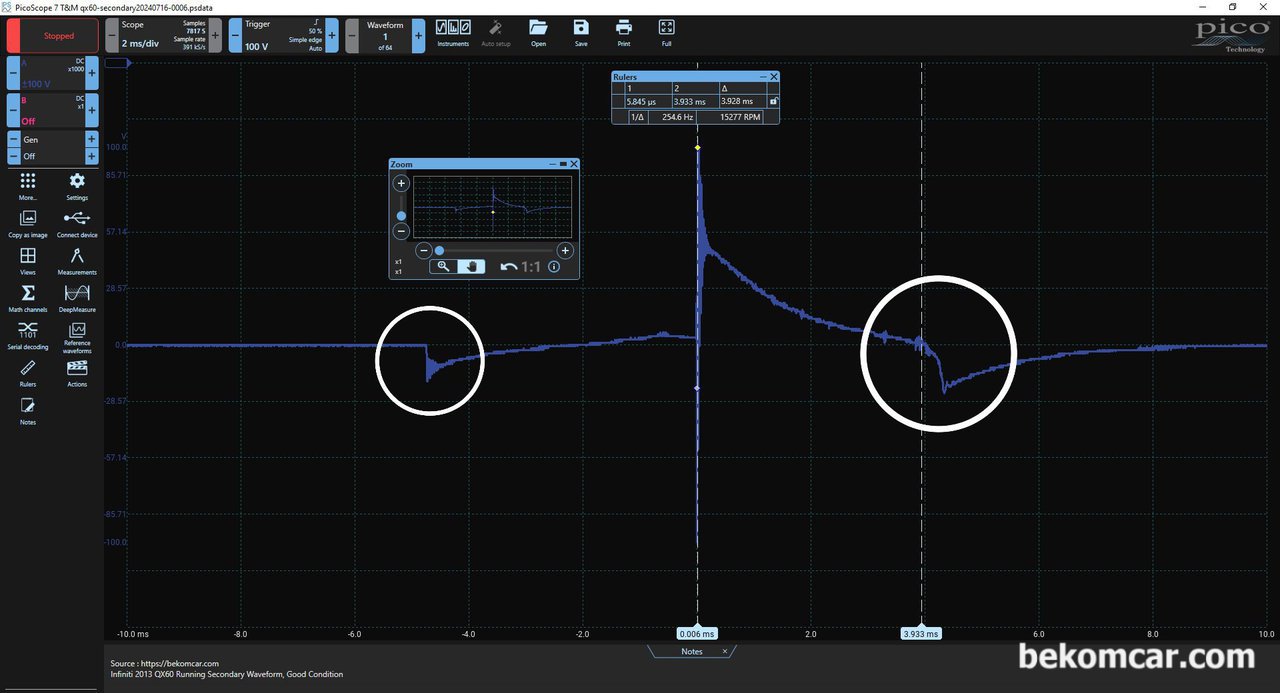 베콤카 중고차 구매전점검, 인피니티 QX60 점화2차 스코프 파형분석, 베콤카는 중고차구매전 점검에서도 필요시 스코프를 사용하여 정밀진단을 한다. 기록으로 남긴다. 인피니티 QX60 SUV 점화2차파형 이다. 점화코일 스위칭시간 (Dwell Time) 과 Firing KV, Spark KV 그리고 실제 점화플러그가 점화되는시간 (Burn Time) 파형이다. 특이한것은 점화플러그 점화시간 Burn Time이 타 메이커 차량에 비하여 긴 편이다. 약 3.4~4.0ms로 측정된다. 보통은 1.5~2.5ms정도이다. 1ms는 0.001초 1/1000 초이다.|贝科姆汽车 (bekomcar)