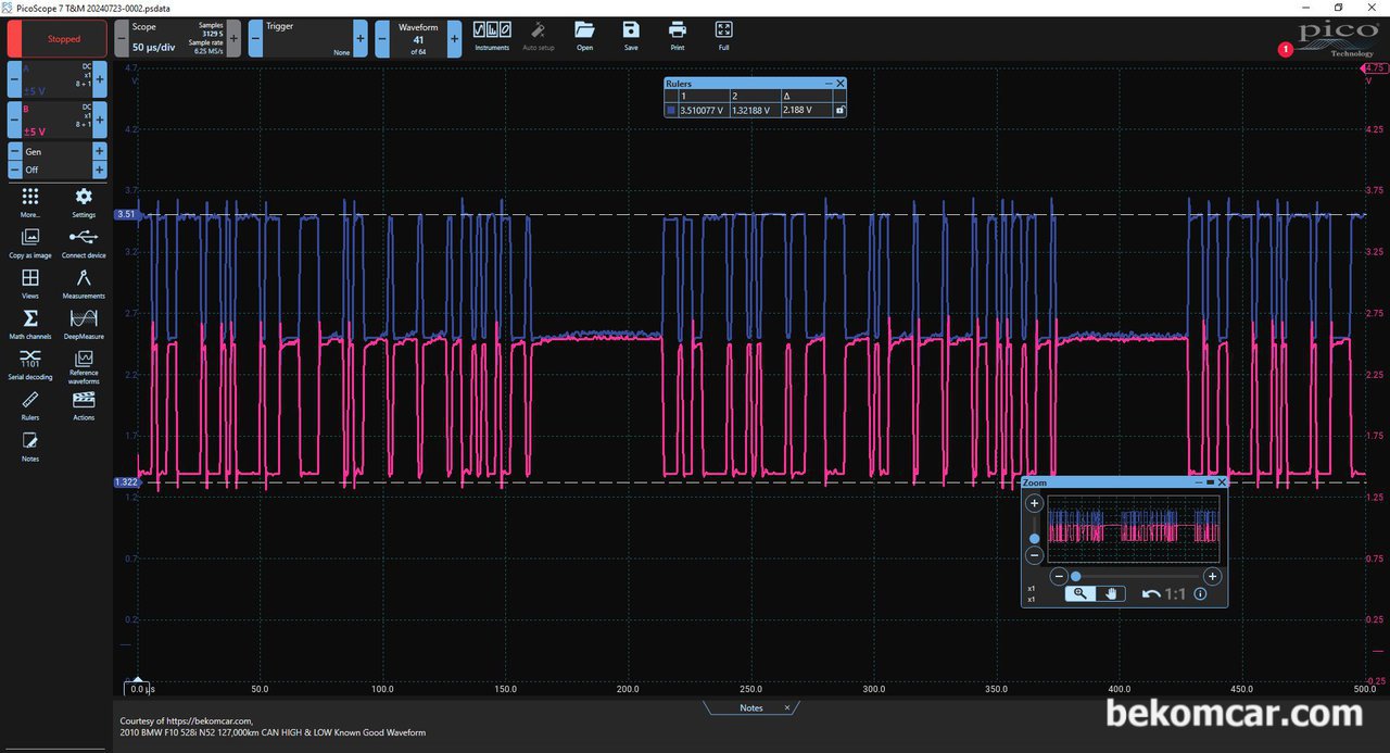 BMW F10 528i CAN통신 (CAN High & Low) 파형분석, 피코스코프 오실로스코프 프로그램에서 CAN High & Low 파향을 추가분석한후에 캔통신 파형을 기록으로 남긴다. 한참 동안 캔통신 파형을 분석하였는데 매우 안정적인 파형을 보여주고 있다. 캔통신 (CAN High & CAN Low) 파형분석 차량은 BMW F10 528i 차량이다.|ベコムカー (bekomcar)