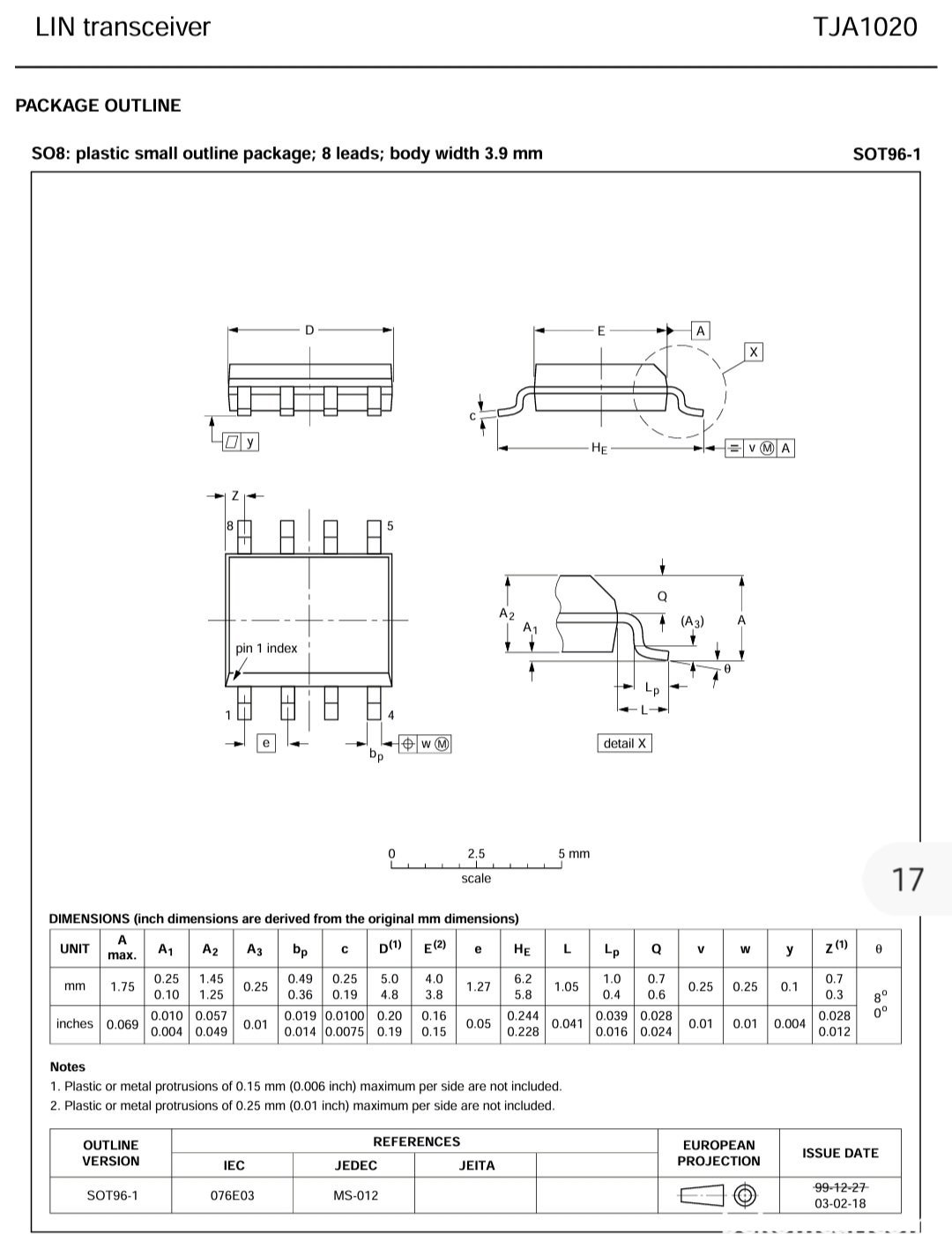 NXP 필립스 TJA1020 LIN BUS 송수신 칩, LIN BUS 통신 송수신 칩 TJA1020 dimension이다. Drawing courtesy of NXP|bekomcar.com