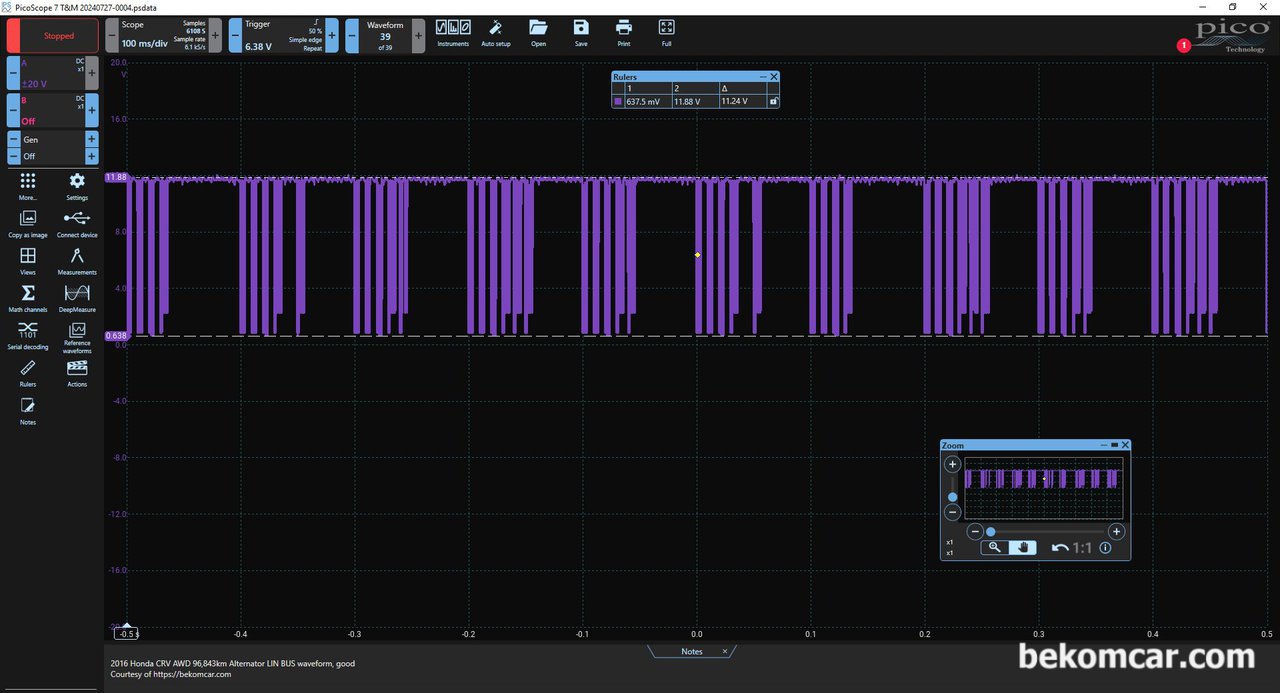 베콤카가 스코프활용 LIN BUS 통신장애 여부 진단하는 이유, 정상적인 알터네이터 혼다 CRV의 LIN BUS 통신파형이다. 베콤카는 왜 파형분석을 사용하는가? 단순하다. 최근 차량들은 알터네이터, 썬루프, 엔진, 미션등 대다수의 기능을 CAN 통신, LINK통신등 각종 다양한 통신프로토콜을 이용하여 제어하기 때문이다.|ベコムカー (bekomcar)