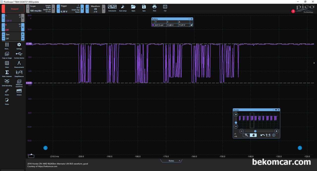 베콤카가 스코프활용 LIN BUS 통신장애 여부 진단하는 이유, 정상적인 알터네이터 혼다 CRV의 LIN BUS 통신파형이다. 파형을 좀 더 확대하여 LIN BUS BSD 통신상태를 진단해본다. 파형이 완전히 0V까지 내려오지 않지만 이 정도는 정상파형으로 진단한다. 베콤카는 중고차구매 동행 차량 점검시에 서비스레벨에 따라서 실린더 압축압력, 내시경검사 및 파형분석등 서비스까지 제공한다.|ベコムカー (bekomcar)