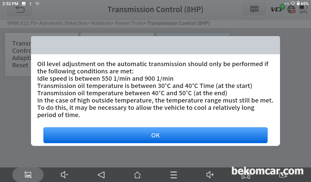 BMW F10 528i ZF 8HP 미션오일 레밸링시 온도와 엔진RPM 조건, BMW F10 528i ZF 8HP 미션오일 레밸링시 온도와 엔진RPM 조건이다. 아이들 RPM이 500~900, 미션오일 온도는 30°C~40°C도(시작) & 40°C~50°C도(마무리)에 하는것이 좋다.|ベコムカー (bekomcar)