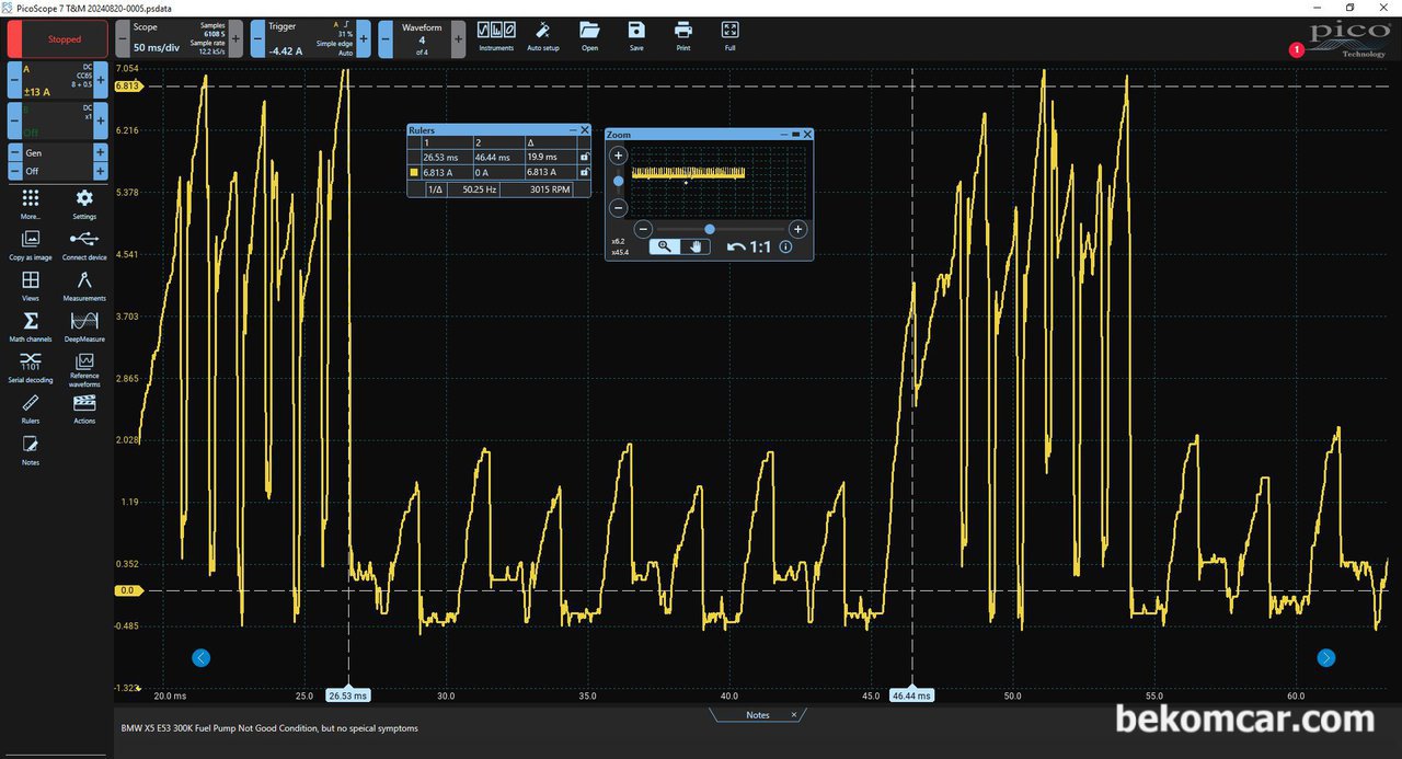 간헐적 시동지연 현상, BMW X5 E53 연료펌프 파형진단, 좀 더 자세히 파형을 분석한다. 간헐적 시동지연 현상을 보이는 BMW X5 E53, 연료펌프 파형진단이다. 파형의 피크와 (6A정도) 바닥(0A) 의 차이가 상당하다. 파형을 확대하여 분석하면 더 확실히 모터의 8개 세그먼트 상태를 알 수 있다. 주 펌프모터와 보조펌프 모터의 전류가 0A까지 내려오는것은 모터의 브러시 부분의 마모도 혹 오염도등이 원인이다.|ベコムカー (bekomcar)