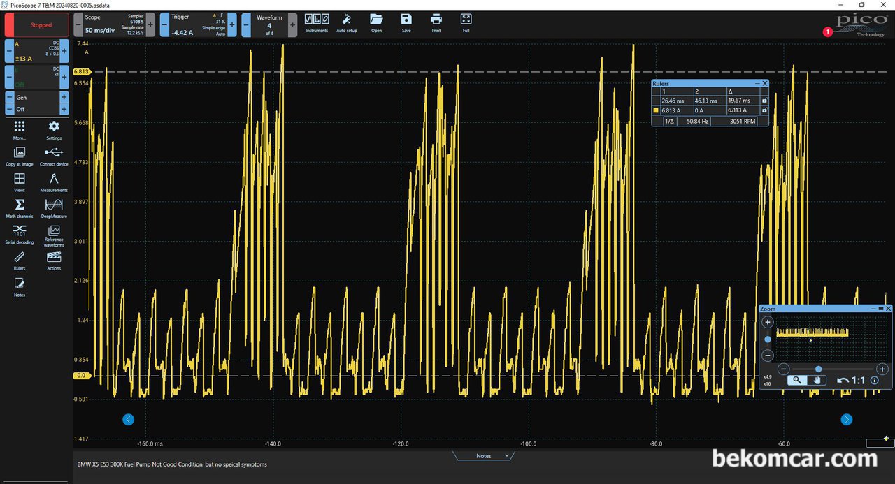 간헐적 시동지연 현상, BMW X5 E53 연료펌프 파형진단, 연료펌프 파형이다. X축 시간을 넉넉히 가지고 측정한다. 간헐적 시동지연 현상을 보이는 BMW X5 E53 연료펌프 파형진단이다. 최대 사용 전류는 약 6A 정도이나 주의할점은 대부분의 세그먼트가 사실상 0A에까지 내려온다는것이다. 연료펌프 모터 고장이라는 확실한 데이터가 된다.|ベコムカー (bekomcar)