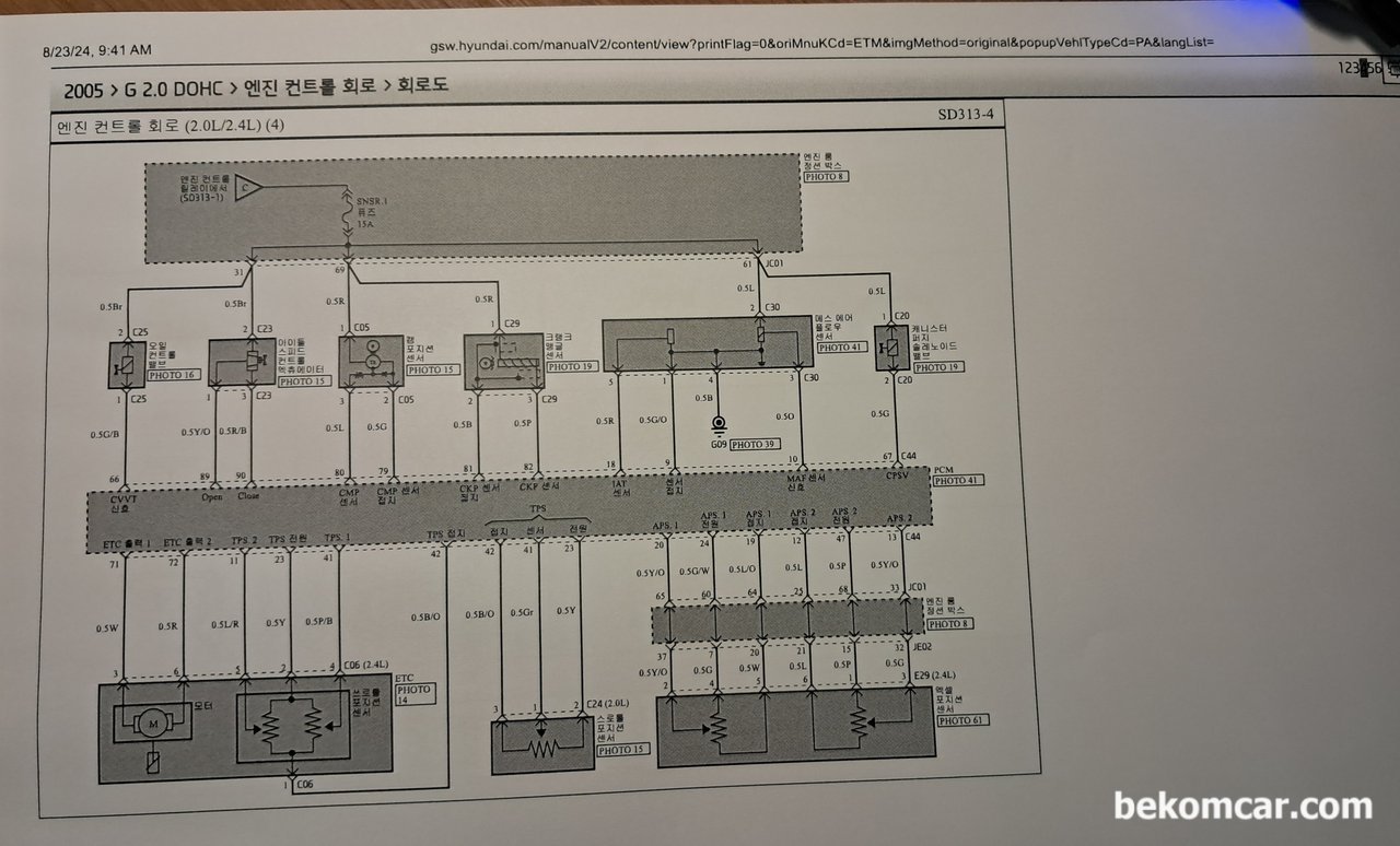 현대자동차 NF 쏘나타 OBD2 포트 중에서 CAN H & CAN L 포트가 몇 번인가요? 보통은 6번과 14번인데 전혀 CAN 통신 파형이 잡히지 않네요., 2005 NF쏘나타 2.0 DOHC 엔진컨트롤회로 도면 출처 & 저작권: 현대자동차  https://gsw.hyundai.com|베콤카 중고차구매진단