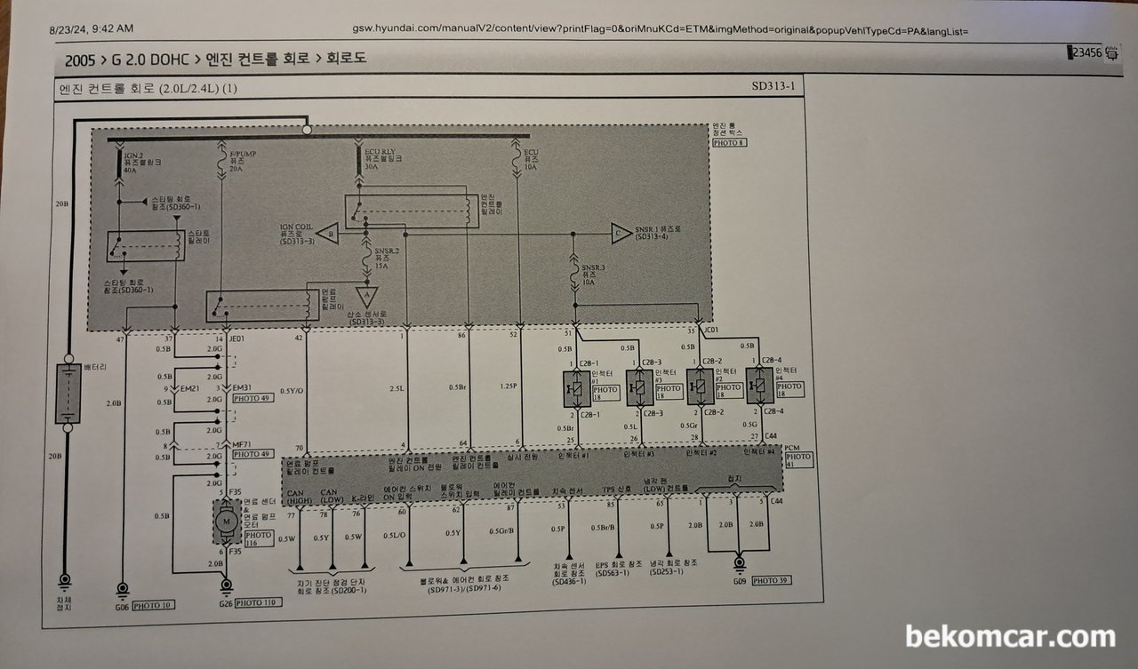 현대자동차 NF 쏘나타 OBD2 포트 중에서 CAN H & CAN L 포트가 몇 번인가요? 보통은 6번과 14번인데 전혀 CAN 통신 파형이 잡히지 않네요., 2005 NF쏘나타 2.0 DOHC 엔진컨트롤회로 도면 출처 & 저작권: 현대자동차  https://gsw.hyundai.com|베콤카 중고차구매진단