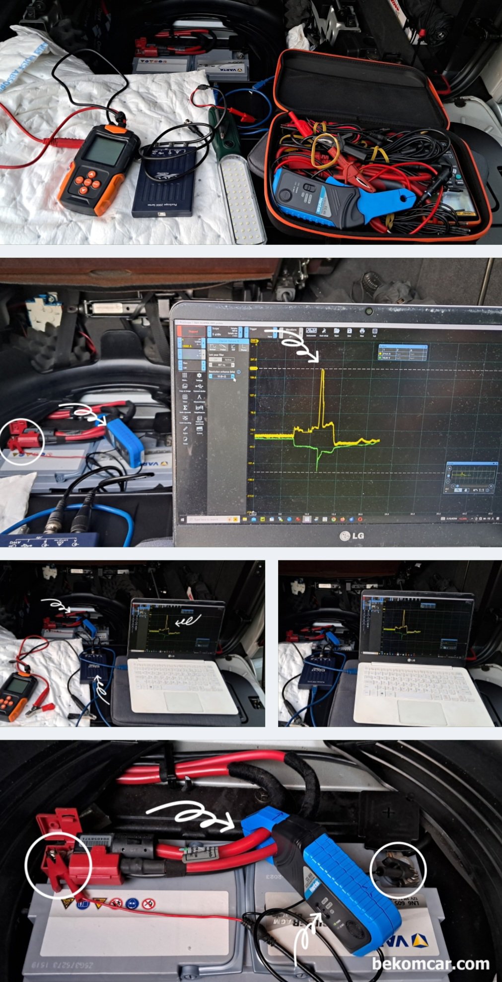 BMW E53 X5 AGM 배터리 및 시동전류 파형분석 알터네이터 배터리상태 진단, 측정하는 배터리는 AGM  102Ah 950CCA 스펙이다. Amp Clamp 는 방향성이 있다. 플러스에서 마이너스로 에너지가 흐르기 때문이다. 반대로 대 전류후크를 설치하면 전류가 측정되지 않는다. 반대로 위치를 바꾸어주면 전류측정이 된다. 베콤카 배터리 상태 진단차량은 BMW E53 X5 차량이다.|ベコムカー (bekomcar)