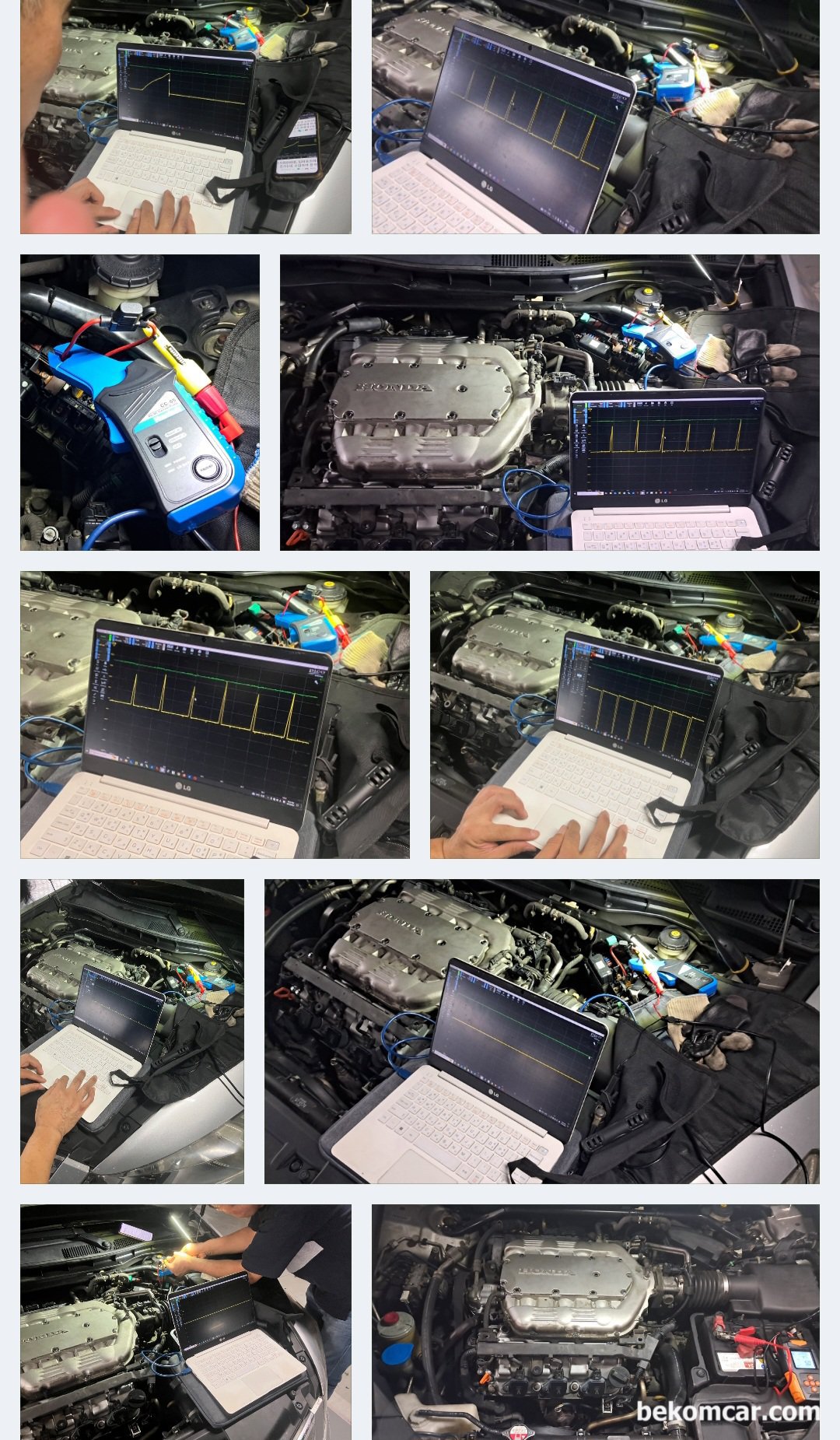 베콤카 점화시스템 정밀진단기록, 혼다 어코드 22만키로 V6, 스코프와 엠클램프 피코스코프 프로그램세팅등 작업을 하는 과정이다. 점화코일전류가 거꾸로 된것으 엠클램프 방향을 바꾸어주면 된다. 전류는 방향성이 있기때문이다. 한번에 전체 실린더의 점화코일 상태파악이 가능하다.|ベコムカー (bekomcar)