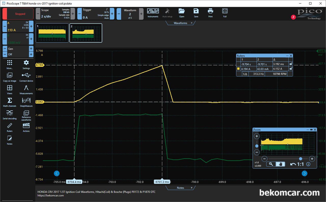 인젝터 & 점화1차 파형, 2017년 혼다 CRV 1.5T 점화코일 & 인젝터 진단과정 기록, 2017년 혼다 CRV 1.5T 점화코일 1차 점화파형 으로 1번 실린더 점화코일 파형을 크게 확대하여 진단을 한다. 점화코일 Dwell Time 이라고 하는 통전시간? 이 약 3.192ms 정도이다. 핀틀 험프라고 하는 마크가 선명하게 표시되지 않고 있는것이 발견된다.|베콤카 중고차구매진단