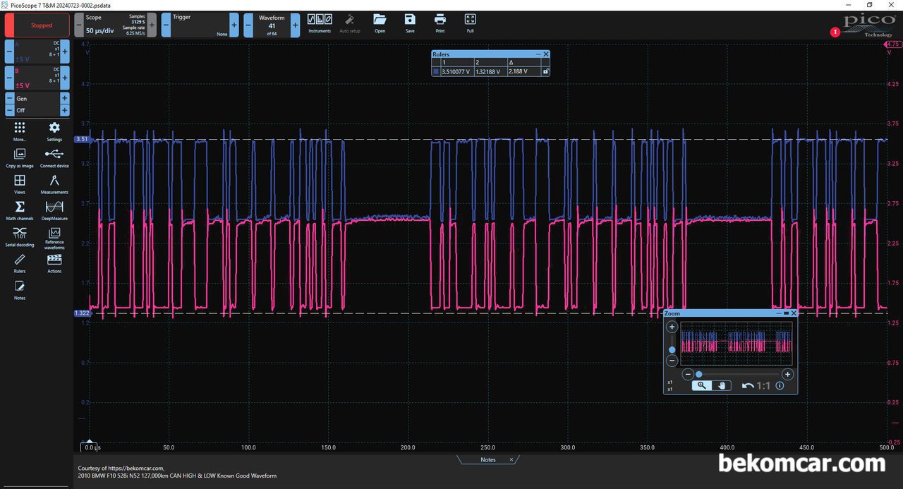차량 네트워크 ECU 데이터 통신 분석.진단 을 쉽게 설명해주세요. 그리고 CAN통신. Flexray통신, DOIP 등 신제사례를 공유해주세요., BMW F10 528i CAN High & CAN Low 데이터통신 파형,  정밀진단한다. 2.50V 기준 3.50V Pull Up & 1.50V Pull Down 파형이다. CAN통신은 딩상이다. 다음으로 린버스통신 (LIN BUS) 상태로 점검을 한다.|bekomcar.com
