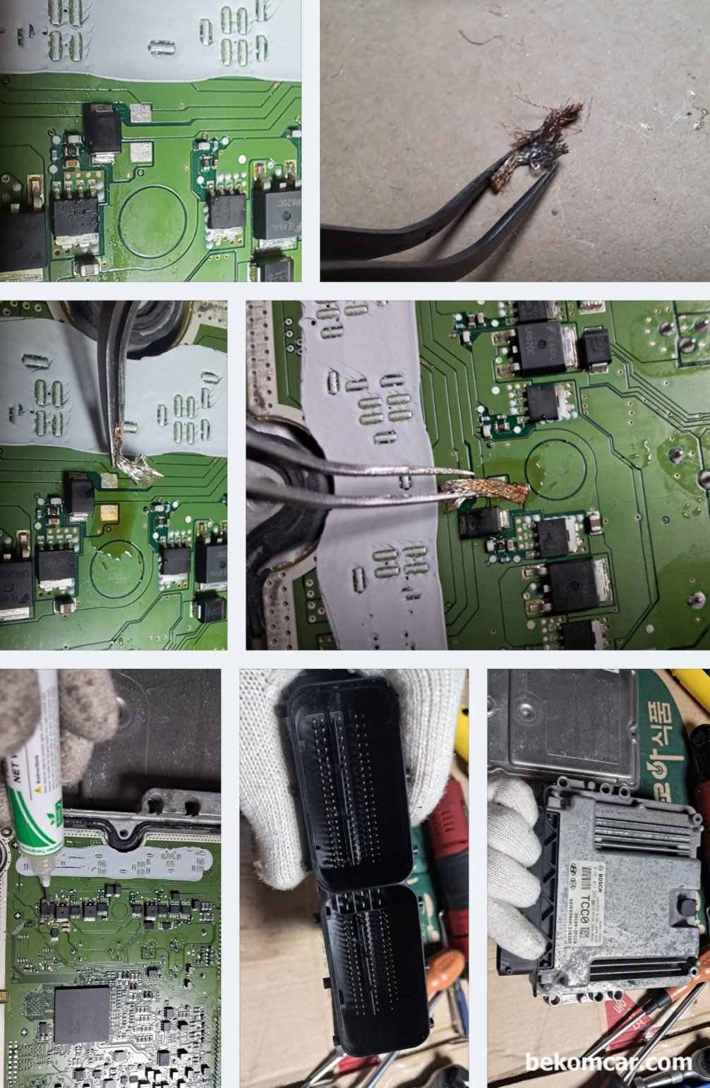 ECU, ABS모듈등 각종 전장제어장치 SMD 반도체 부품 작업과정, 솔더 Wick등을 사용하여 기존 PCB의 칩 제거후에 깨끗히 청소해준다. 솔더 Wick을 사용하면 정말 깨끗하게 청소가 가능하다. 항상 칩 을 바꿀때는 PCB 기판 접촉 부분을 꺠끗히 해주어야 한다.|베콤카 중고차구매진단
