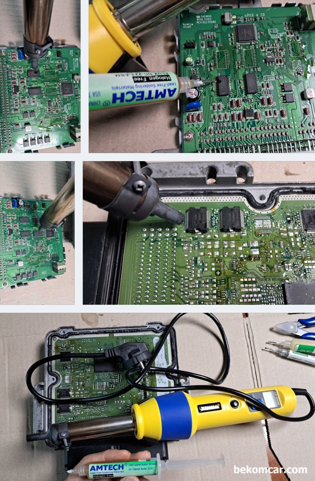 ECU, ECM, ABS Module, TCS등 각종 엔진전장 모듈 SMD 솔더링 실습과정 기록, 열풍기 납땜공구이다. 온도 조절이 되는 납땜 공구로 공기를 이용한다. 칩 등 SMD 타입에 최적이다. 공기 나오는 주둥이 크기가 달라서 작업하는 반도체 크기와 모양에 따라서 선별적으로 사용한다.|ベコムカー (bekomcar)